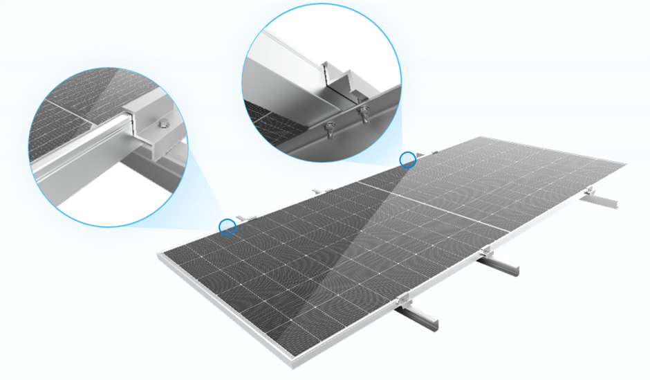 Close up of dual-fastening and triple-beam solar installation with Trinasolar's Shield module.